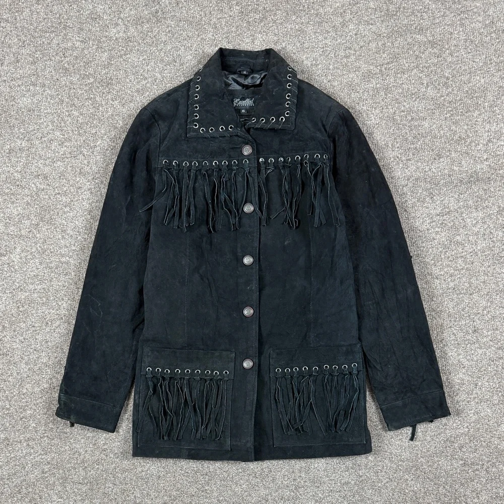 Vintage Excelled Collection Black Suede Leather Western Fringe Jacket Women’s XS - Picture 2 of 13